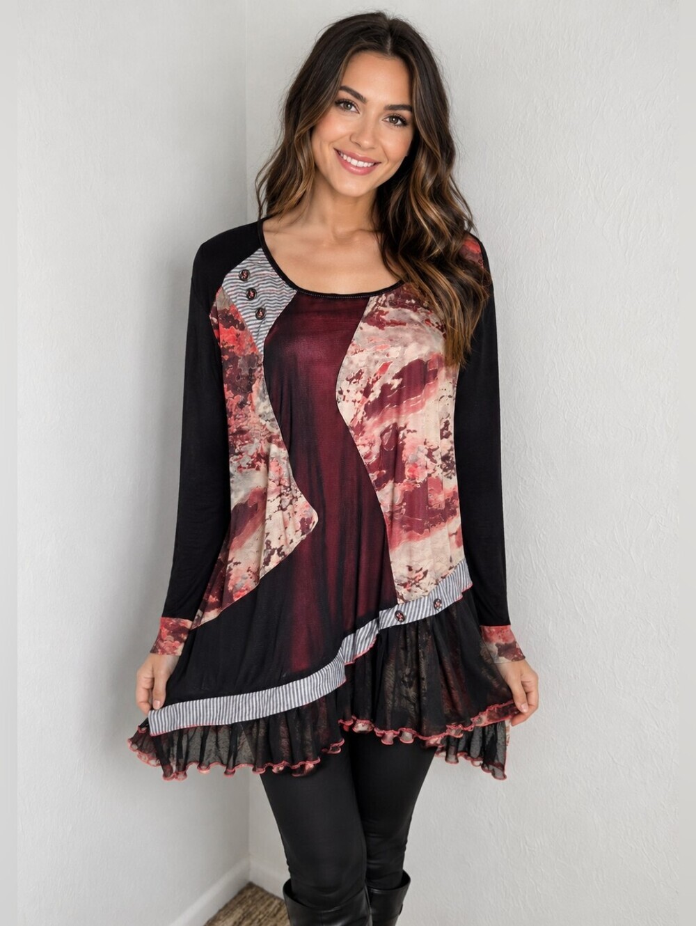 Kaktus Unique Black Tunic, Maroon/Pink Abstract, Sheer Ruffle, Sparkly, Sz Large